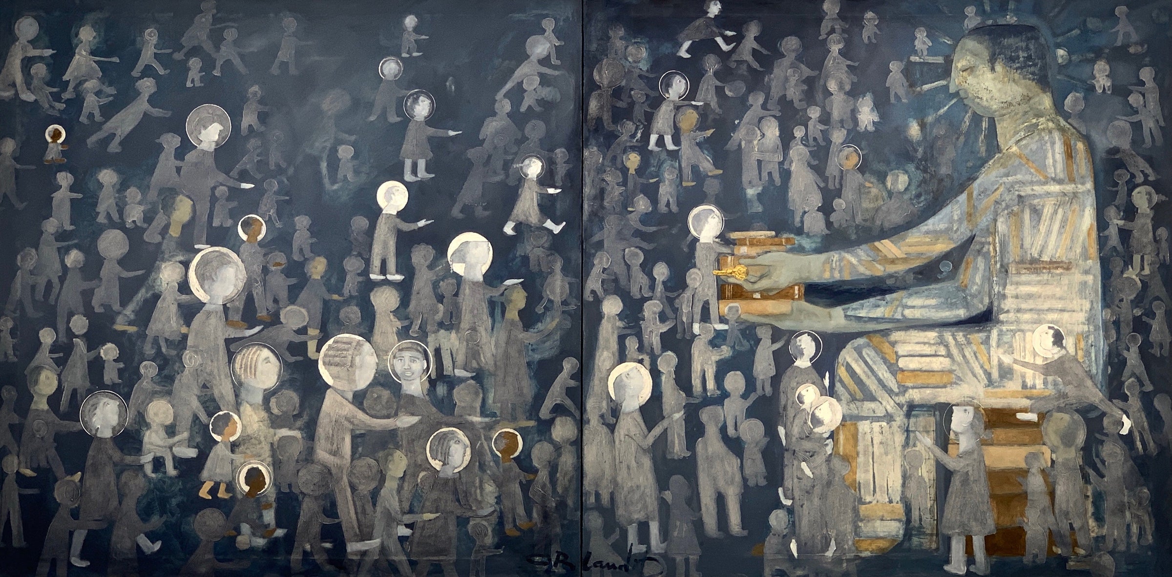 Orlando Agudelo-Botero- EDUCACIÓN DE LA PRÓXIMA GENERACIÓN (Education of the Next Generation) Diptych (Painting) - Ethos Arts Inc.