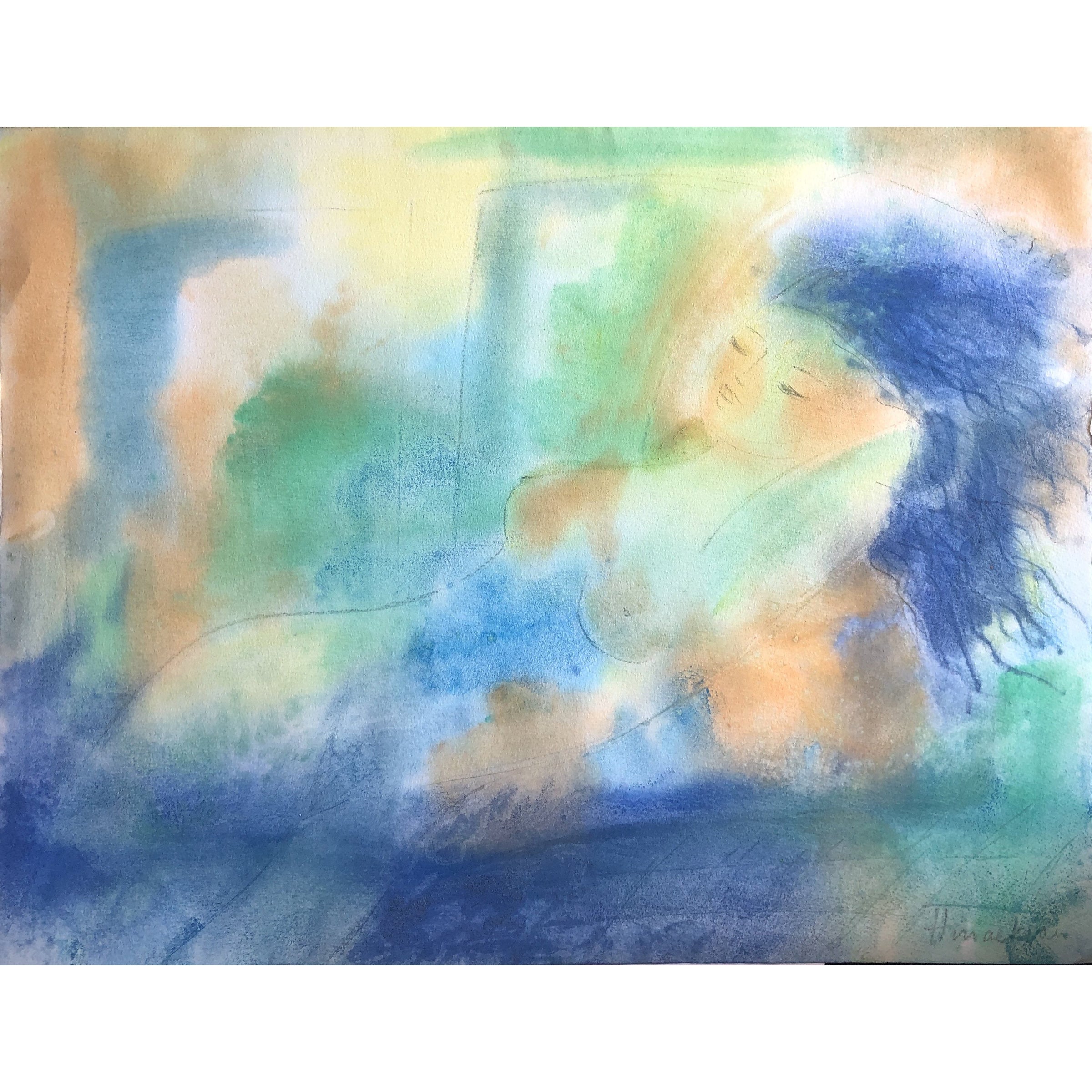 Peggy Hinaekian- Nude with Blue Hair (Work on paper) - Ethos Arts Inc.