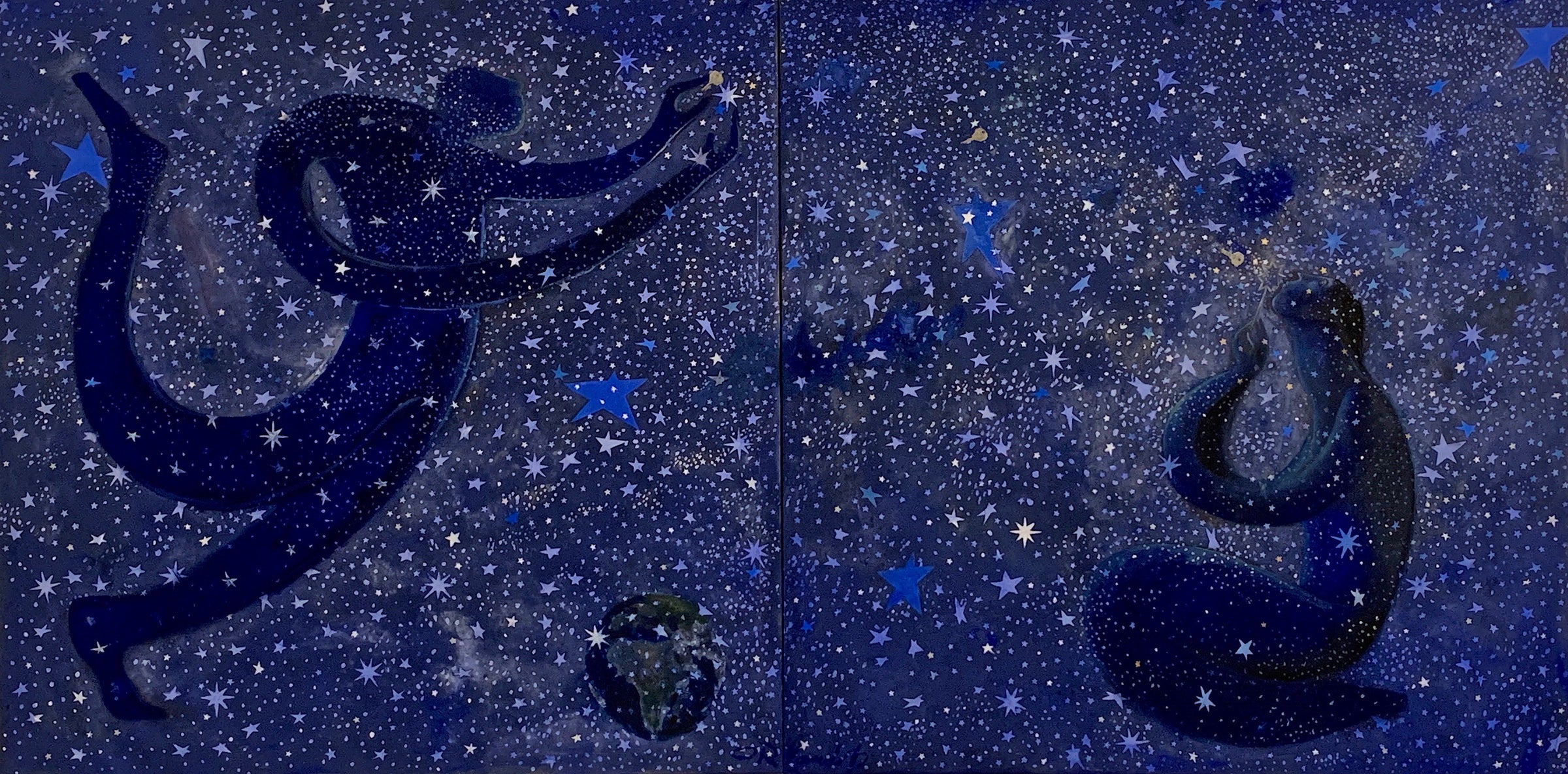 Orlando Agudelo-Botero- ROMANCE BAJO LAS ESTRELLAS (Joy- Romance Under the Stars)-Diptych (Painting) - Ethos Arts Inc.