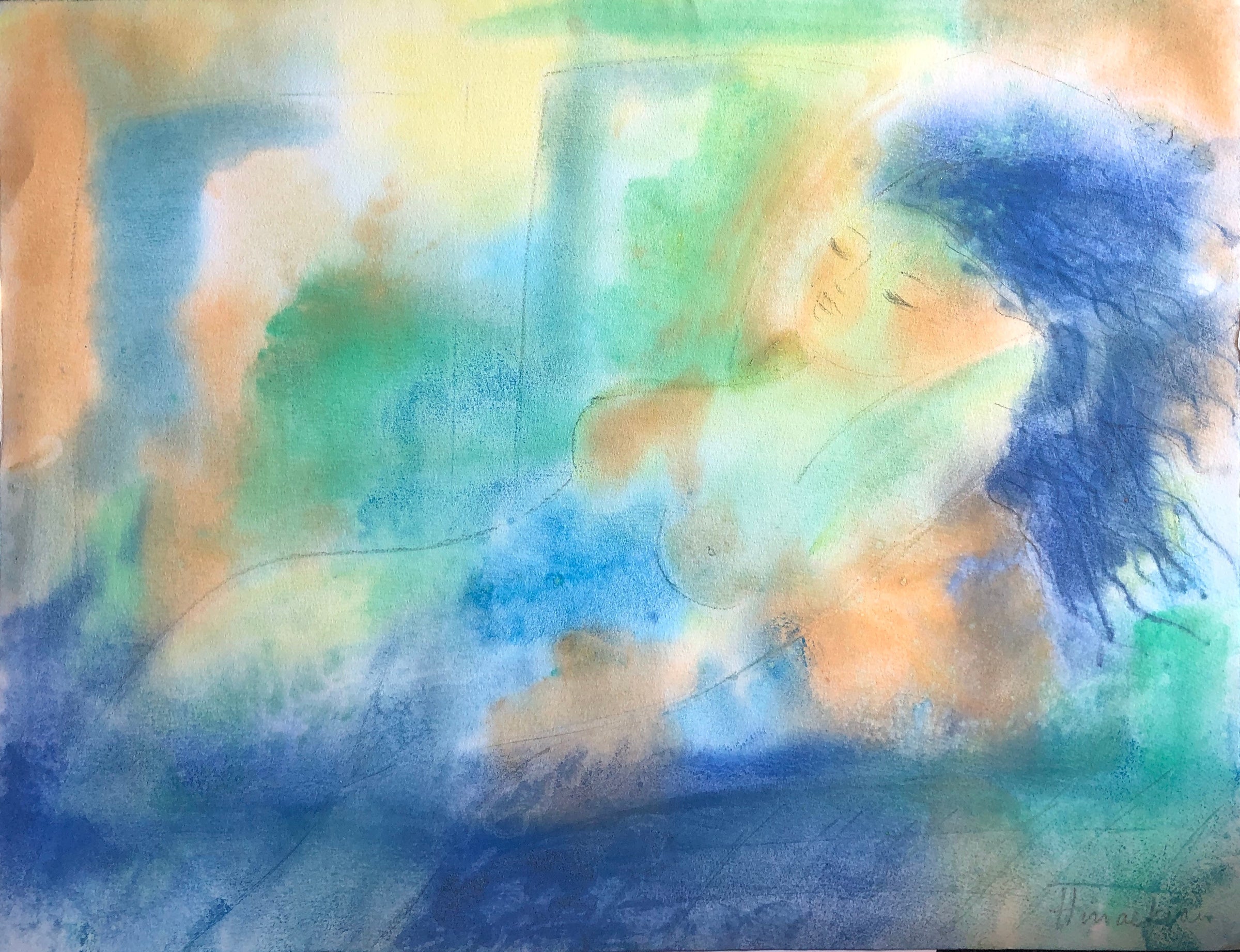 Peggy Hinaekian- Nude with Blue Hair (Work on paper) - Ethos Arts Inc.