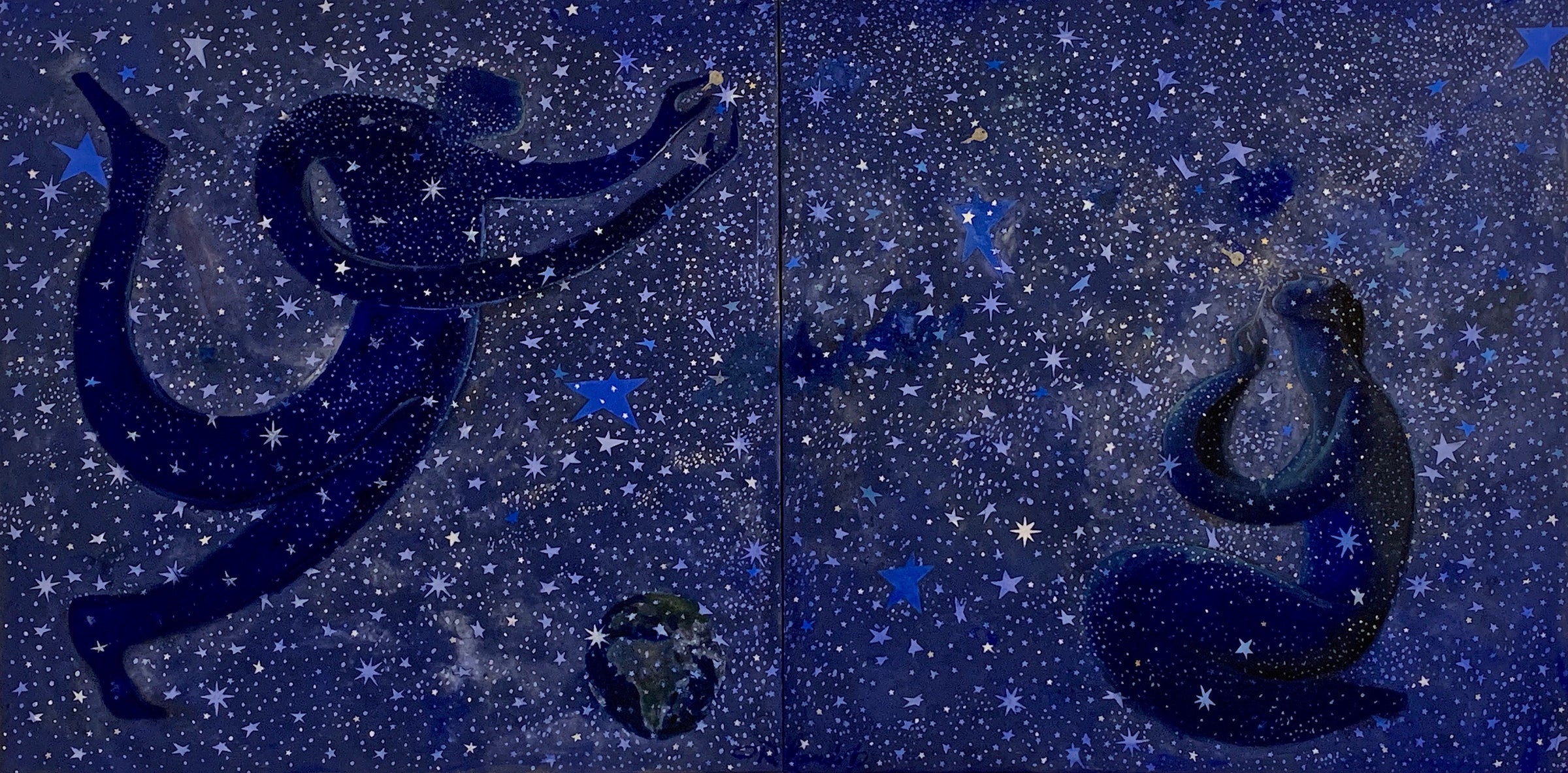 Orlando Agudelo-Botero - ROMANCE BAJO LAS ESTRELLAS (Romance Under the Stars) - Diptych (Painting) - Ethos Arts Inc.