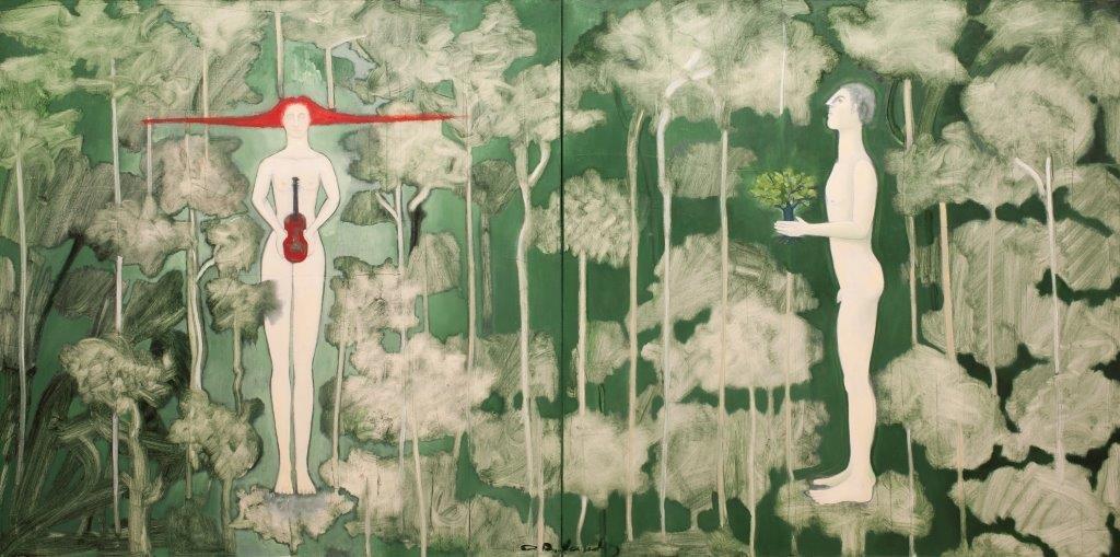 Orlando Agudelo-Botero - LA OFRENDA, BOSQUE ENCANTADO (The Offering, Enchanted Forest) - Diptych (Painting) - Ethos Arts Inc.