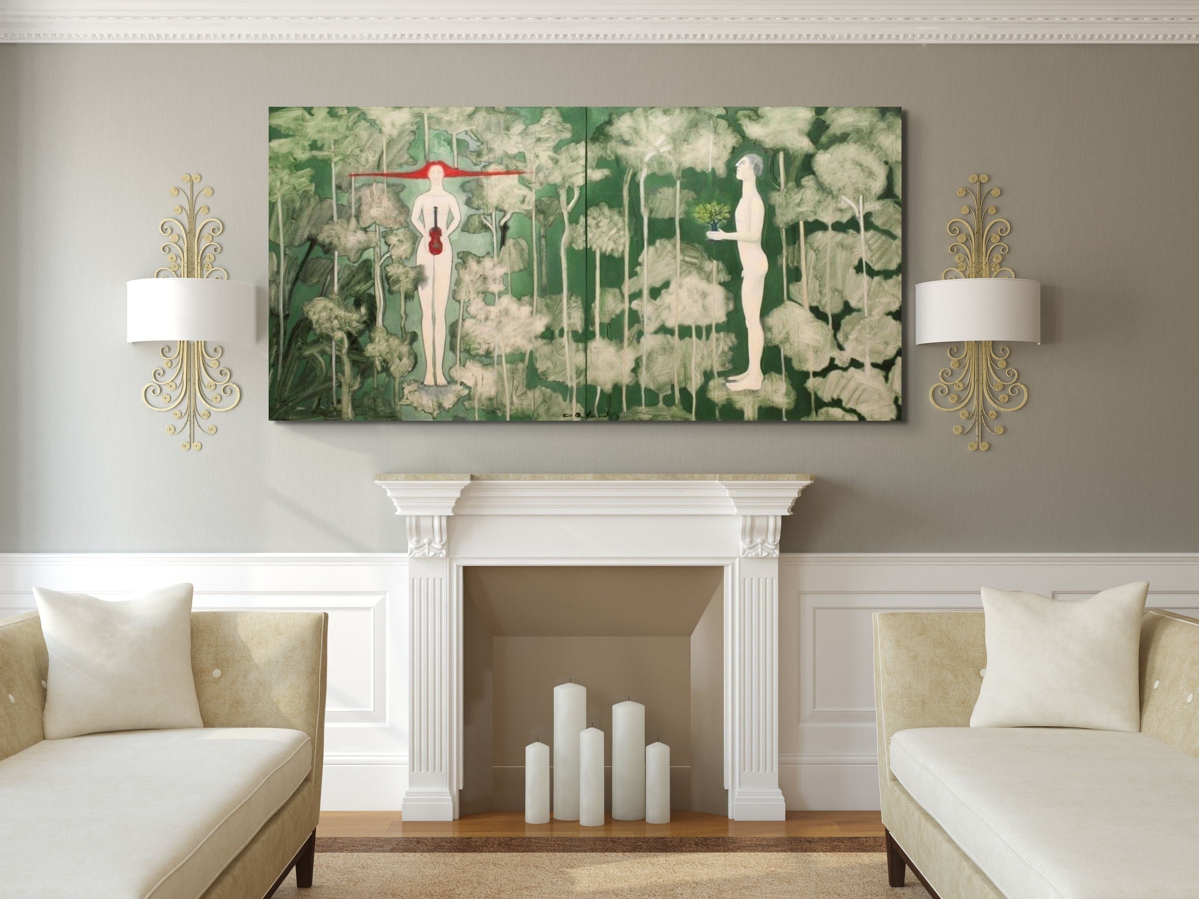 Orlando Agudelo-Botero - LA OFRENDA, BOSQUE ENCANTADO (The Offering, Enchanted Forest) - Diptych (Painting) - Ethos Arts Inc.