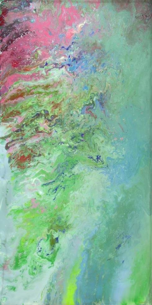 abstract painting green and pink